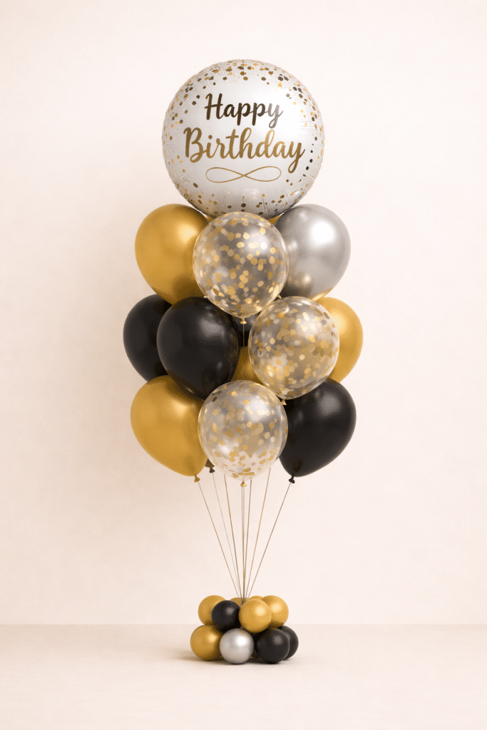 Black gold and silver confetti birthday balloon bouquet with happy birthday round foil balloon elegant luxury celebration decoration