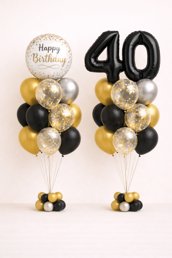 Black and gold birthday balloon duo with custom number foil balloons and happy birthday confetti round balloon elegant celebration set