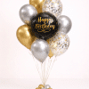 Black gold and silver birthday balloon bouquet with happy birthday round foil balloon and gold confetti balloons elegant celebration decoration