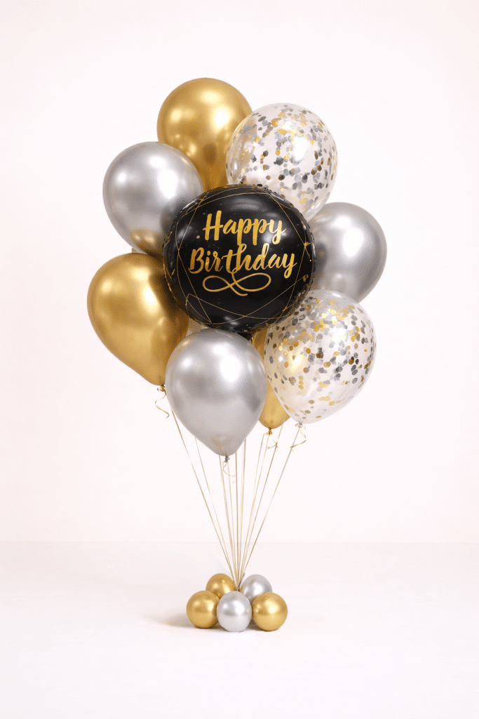 Black gold and silver birthday balloon bouquet with happy birthday round foil balloon and gold confetti balloons elegant celebration decoration