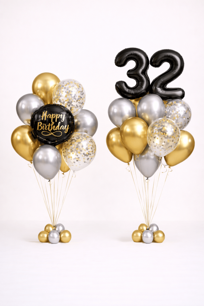Black gold and silver birthday balloon duo with black number balloons and happy birthday round foil balloon with gold confetti elegant celebration decoration