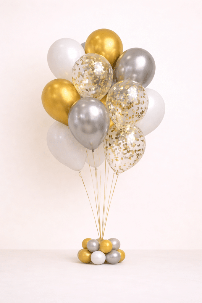 Gold silver and white balloon bouquet with gold confetti balloons elegant luxury party decoration arrangement