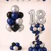 Navy blue black and silver birthday balloon set with silver number balloon column helium bouquet and ceiling balloon decoration modern celebration styling