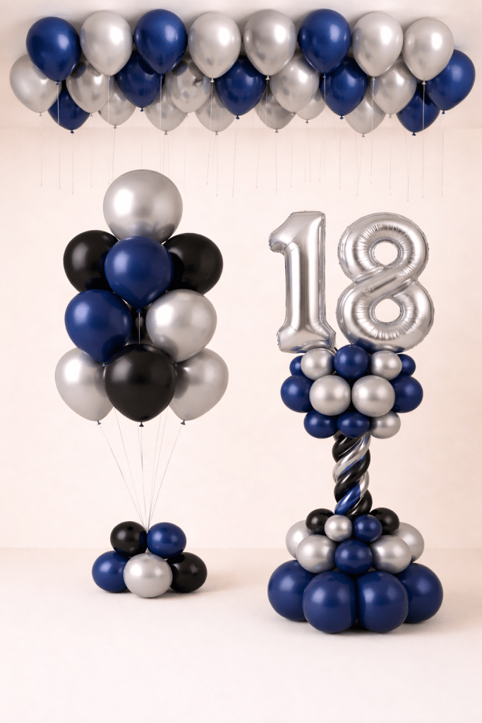 Navy blue black and silver birthday balloon set with silver number balloon column helium bouquet and ceiling balloon decoration modern celebration styling
