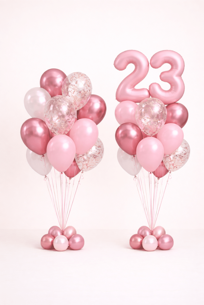 Blush pink and rose gold birthday balloon duo with pink number balloons and rose gold confetti balloons elegant feminine celebration decoration