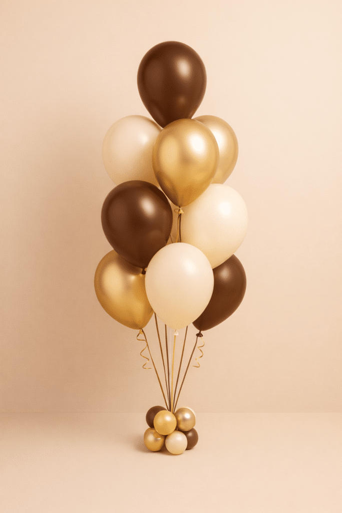 Chocolate brown gold and cream balloon bouquet elegant warm luxury celebration decoration arrangement