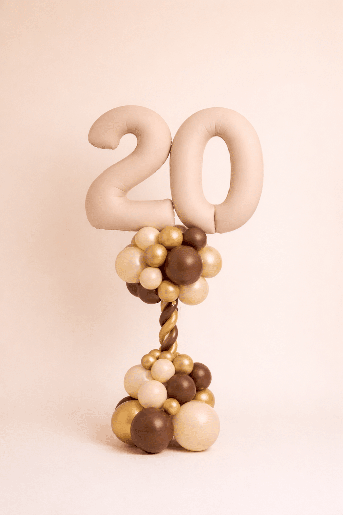 Nude number balloon column chocolate brown gold cream twisted stem elegant birthday decoration