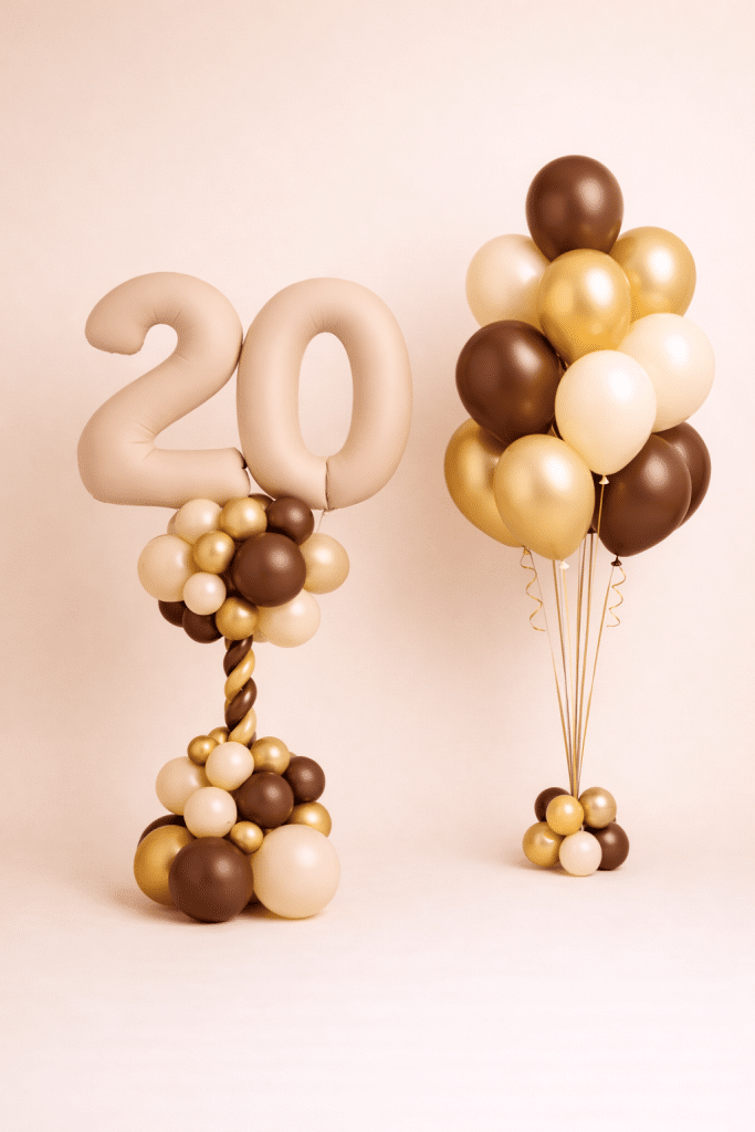 Nude number balloon column with matching chocolate gold cream helium balloon bouquet elegant birthday decoration