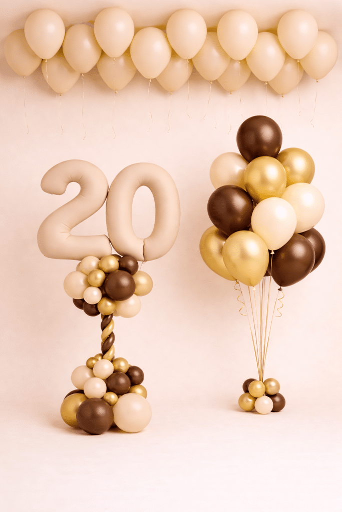 Nude number balloon column with chocolate gold cream bouquet and matching ceiling balloons elegant birthday decoration