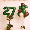Forest green number balloon column with chocolate cream and gold bouquet and matching ceiling balloons birthday decoration