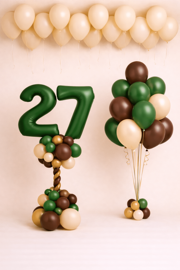 Forest green number balloon column with chocolate cream and gold bouquet and matching ceiling balloons birthday decoration
