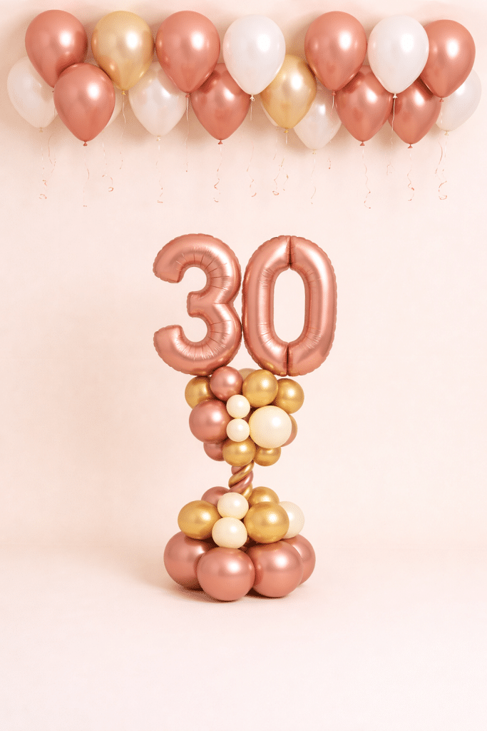 Rose gold number balloon column with blush gold and ivory ceiling balloons elegant birthday decoration