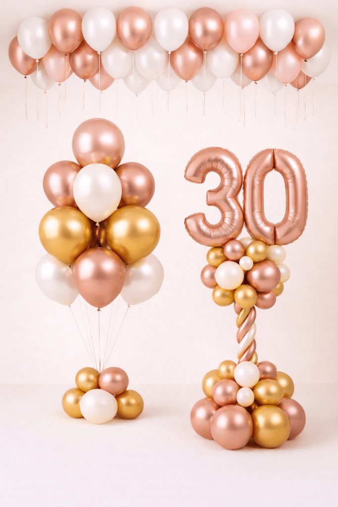 Rose gold number balloon column with matching blush ivory gold bouquet and ceiling balloons elegant birthday decoration