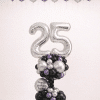 Silver number balloon column with purple black and chrome silver balloons and matching ceiling balloons birthday decoration