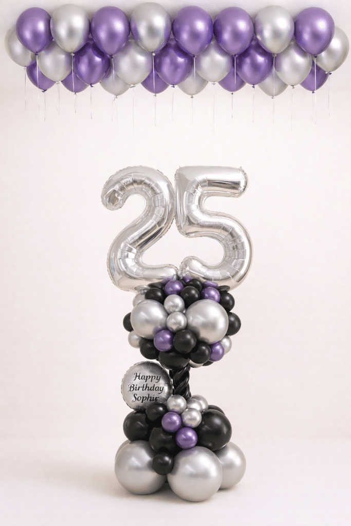 Silver number balloon column with purple black and chrome silver balloons and matching ceiling balloons birthday decoration