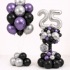 Silver number balloon column with purple black and chrome silver balloons and matching helium bouquet birthday decoration