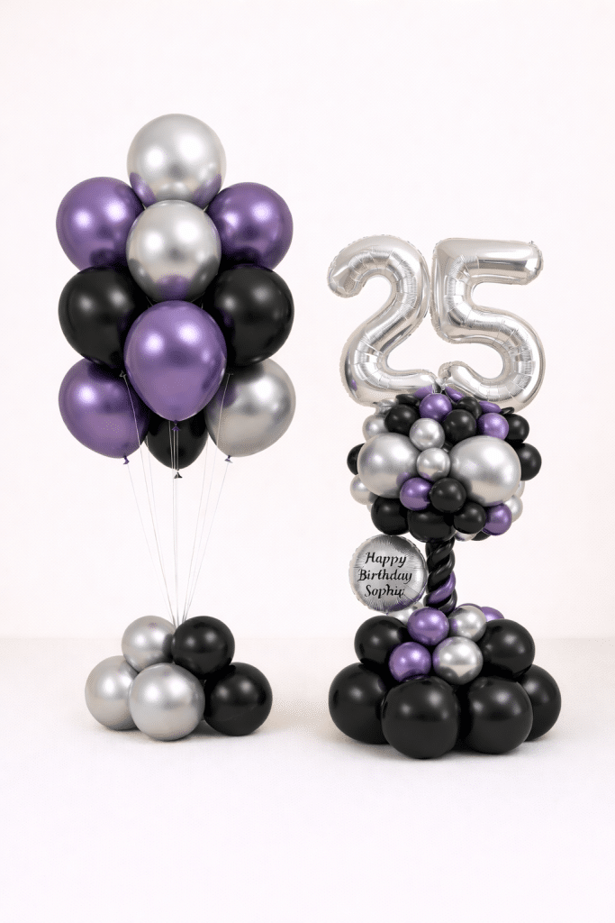 Silver number balloon column with purple black and chrome silver balloons and matching helium bouquet birthday decoration