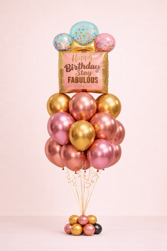 Rose gold and gold birthday balloon tower with Happy Birthday Stay Fabulous foil and confetti balloons