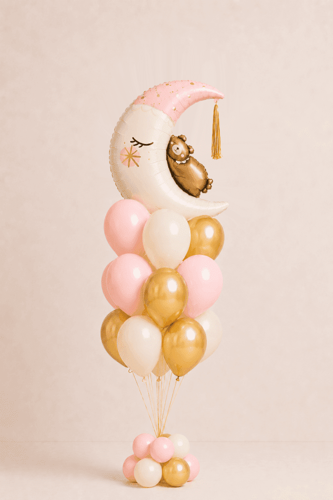 Pink and gold baby balloon bouquet with teddy bear moon foil balloon and matching helium balloons
