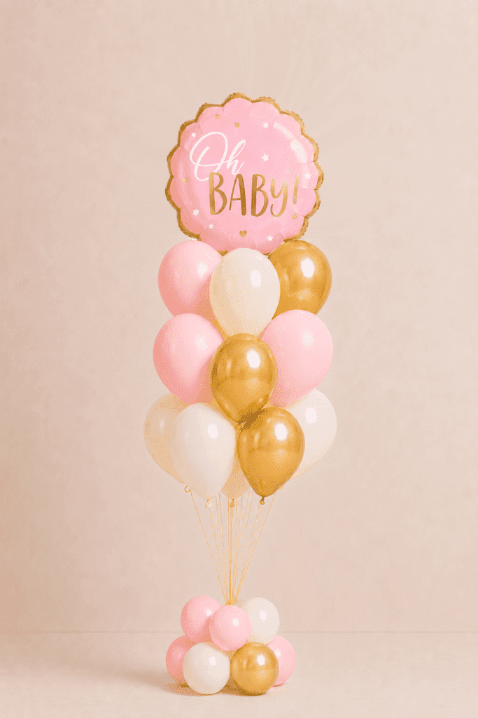 Pink and gold Oh Baby balloon bouquet with matching helium balloons for baby shower