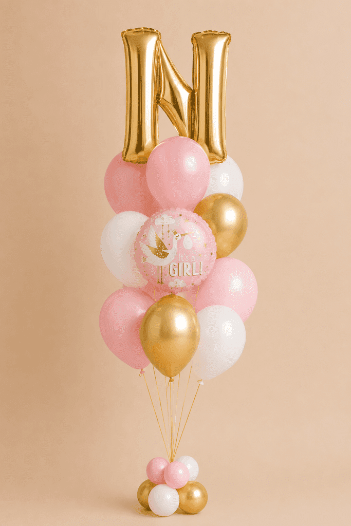 Pink and gold baby girl balloon bouquet with personalised gold letter balloon and It's a Girl foil balloon