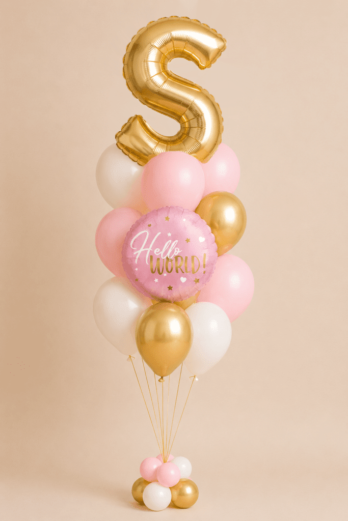 Pink, white and gold baby balloon bouquet with personalised gold letter balloon and Hello World foil balloon.