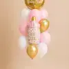 Personalised Welcome Baby balloon bouquet with custom message foil balloon, baby bottle foil and pink, white and gold latex balloons.