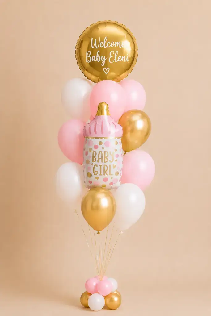 Personalised Welcome Baby balloon bouquet with custom message foil balloon, baby bottle foil and pink, white and gold latex balloons.