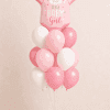 Baby Girl bodysuit foil balloon bouquet with soft pink and white helium balloons and matching balloon base.