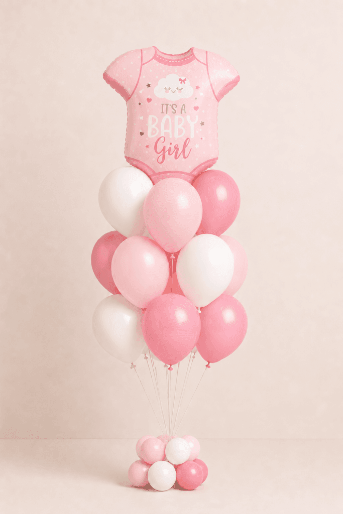 Baby Girl bodysuit foil balloon bouquet with soft pink and white helium balloons and matching balloon base.