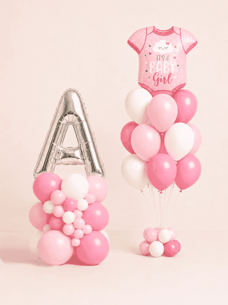 Personalised initial balloon arrangement with matching Baby Girl bodysuit balloon bouquet in soft pink and white.