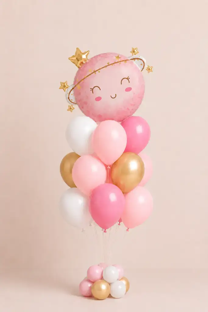 Smiling planet foil balloon bouquet with soft pink, white and metallic gold helium balloons and matching balloon base.
