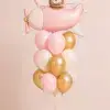 Teddy bear airplane foil balloon bouquet with soft pink, white and metallic gold helium balloons and matching balloon base.