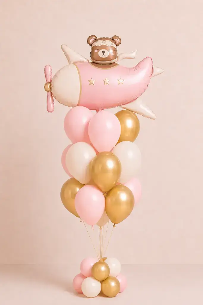 Teddy bear airplane foil balloon bouquet with soft pink, white and metallic gold helium balloons and matching balloon base.