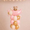 Teddy pilot airplane balloon bouquet with 15 floating ceiling balloons in soft pink, white and metallic gold