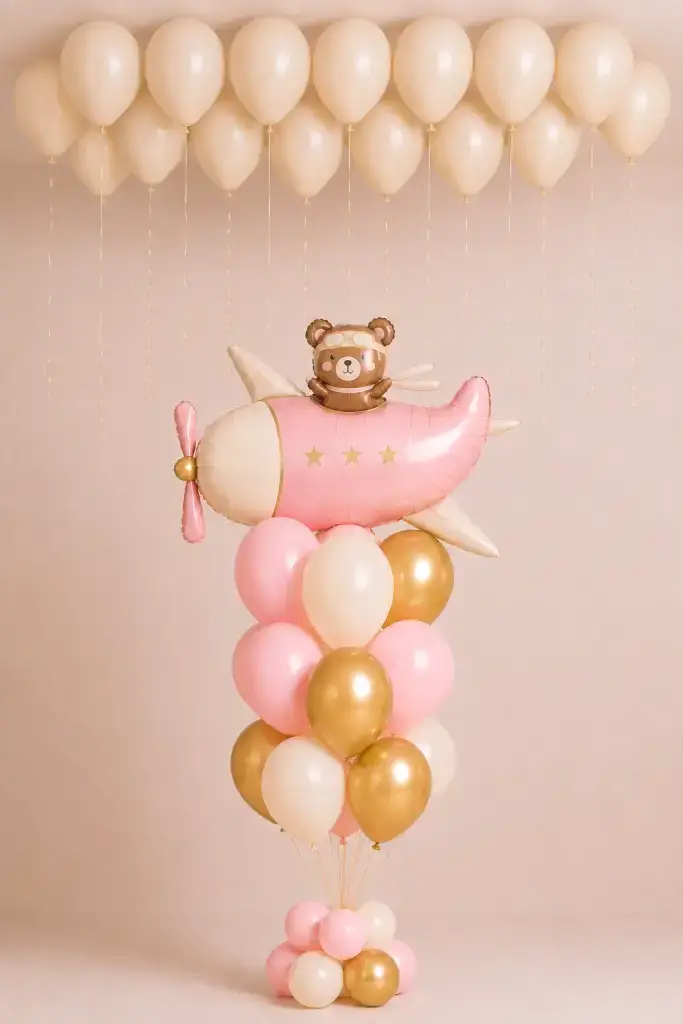 Teddy pilot airplane balloon bouquet with 15 floating ceiling balloons in soft pink, white and metallic gold