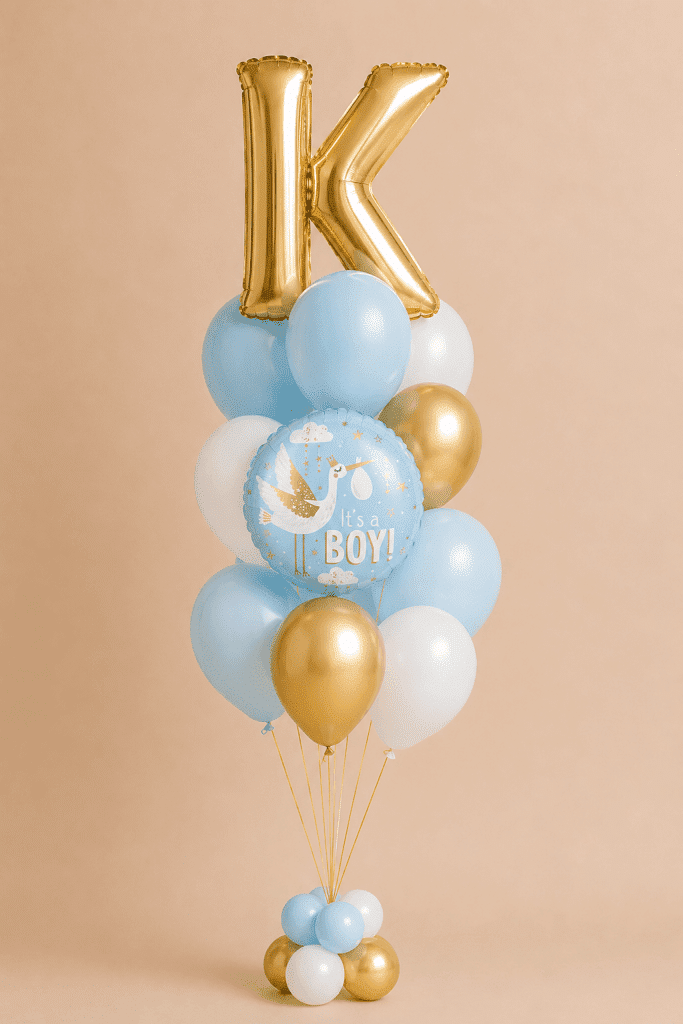 Personalised initial balloon bouquet with It's a Boy foil balloon and soft blue, white and metallic gold latex balloons.