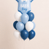 Baby Boy bodysuit balloon bouquet with blue, light blue and white helium balloons on a matching balloon base.