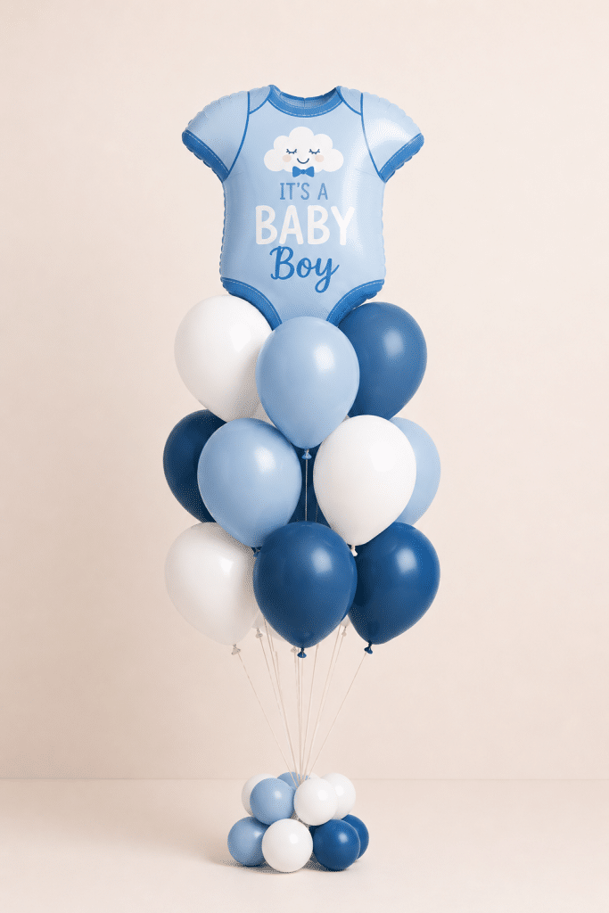 Baby Boy bodysuit balloon bouquet with blue, light blue and white helium balloons on a matching balloon base.