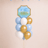 Oh Baby balloon bouquet with blue, white and gold helium balloons, matching base and 15 floating ceiling balloons.