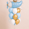 Bear pilot airplane balloon bouquet with blue, white and gold helium balloons on a matching balloon base.