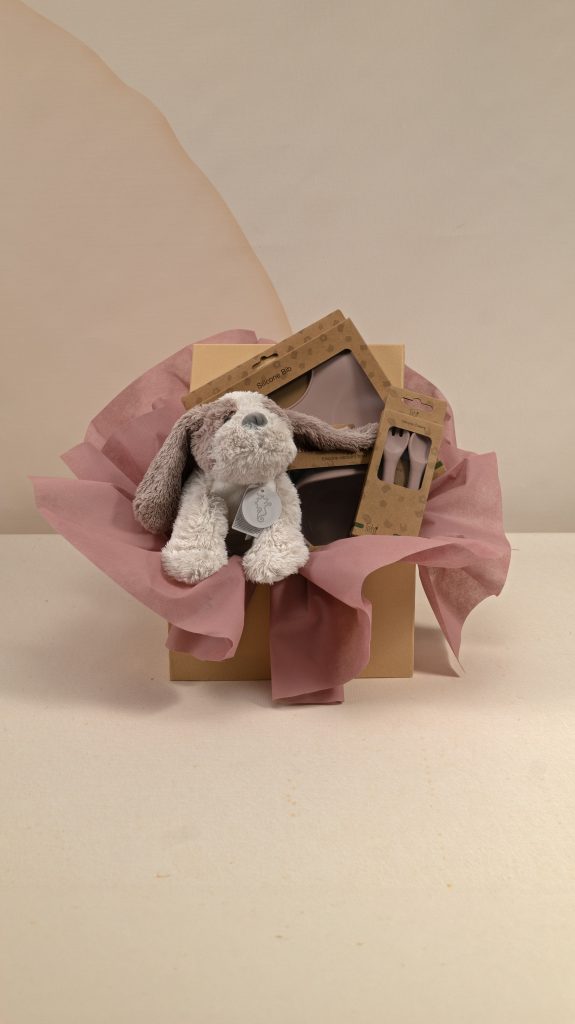 Baby gift box with soft plush puppy, AMEK Toys silicone bib, vacuum bowl and cutlery set, presented in elegant dusky rose wrapping.