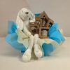 Baby gift box with ivory plush bunny, AMEK Toys silicone divided plate, cup, cutlery and two teethers, presented in blue and ivory wrapping