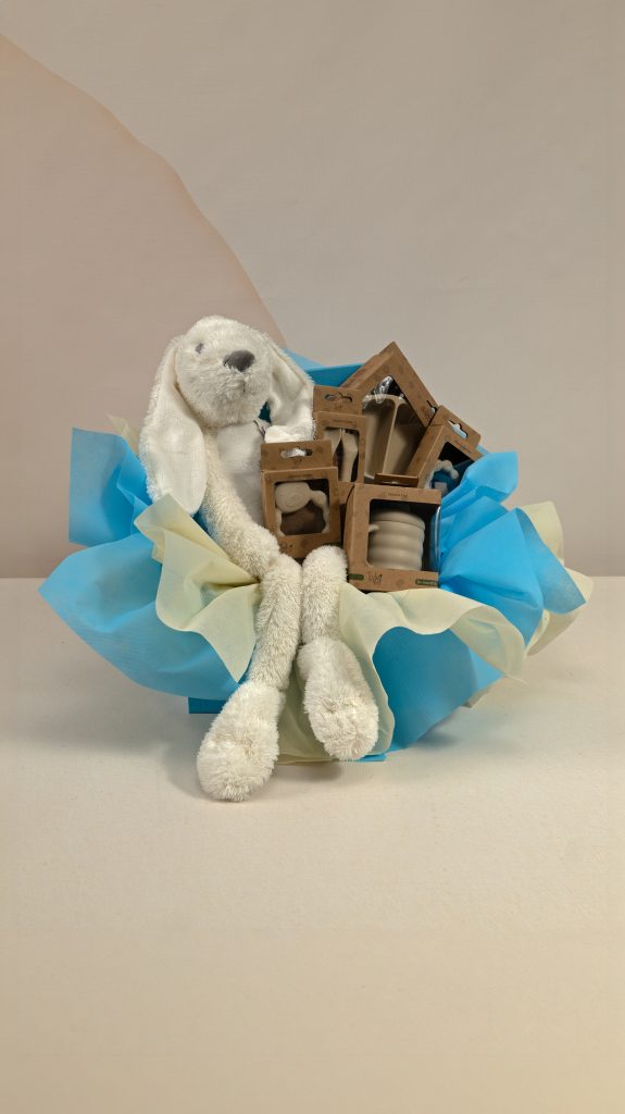 Baby gift box with ivory plush bunny, AMEK Toys silicone divided plate, cup, cutlery and two teethers, presented in blue and ivory wrapping